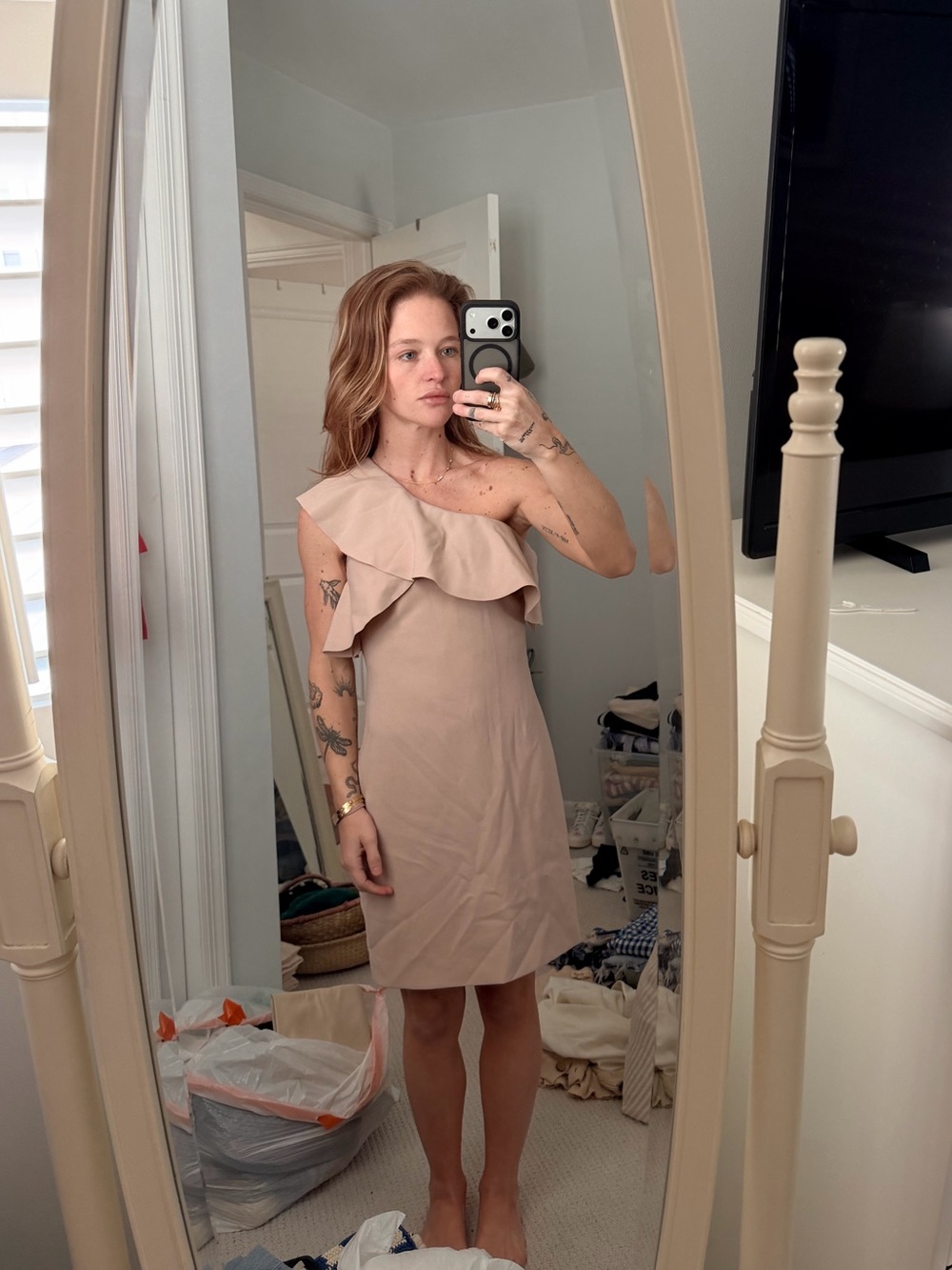 Elizabeth and James One-Shoulder Ruffle Dress in Blush Taupe